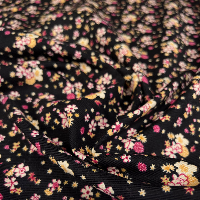 Baby Driver Flower Power Black Cotton Needlecord Pink Yellow Abstract Corduroy Dress Fabric