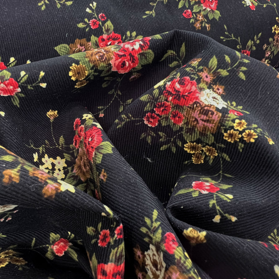Baby Driver Grandmothers Bouquet Black Cotton Corduroy Fabric