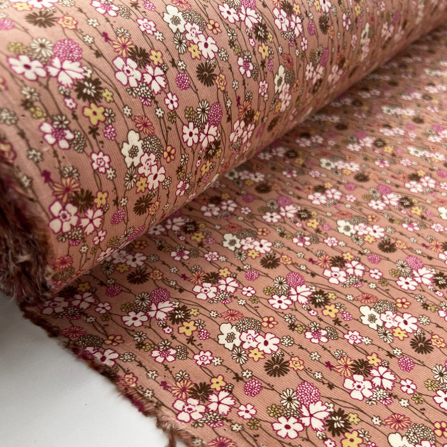 Baby Driver Groovy Floral Salmon Pink Cotton Needlecord Fabric Roll