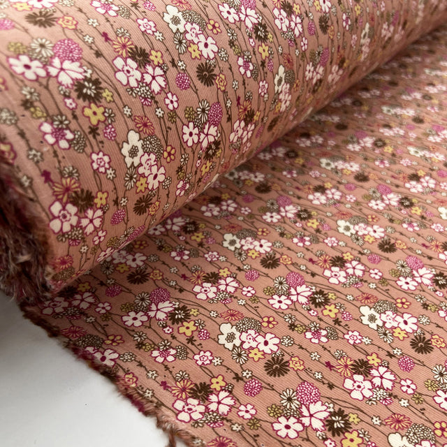 Baby Driver Groovy Floral Salmon Pink Cotton Needlecord Fabric Roll