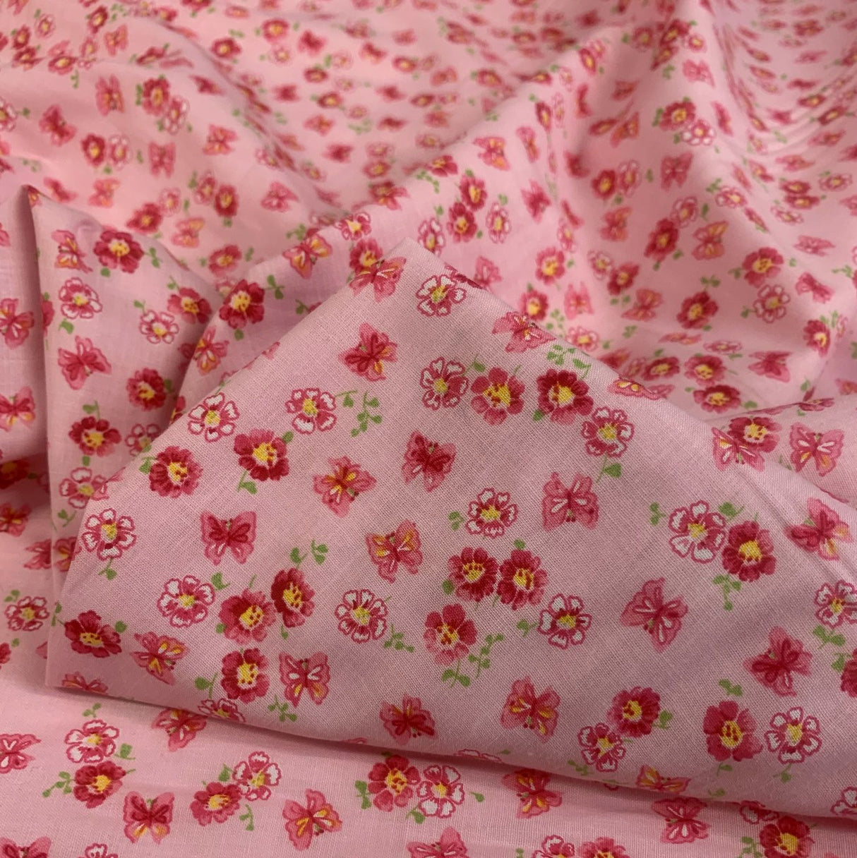 Basics Pink Cotton Butterfly Floral Dress Fabric Cu