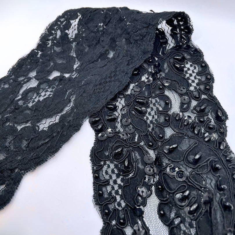 Beaded Sequin Black Lace Trim Fold
