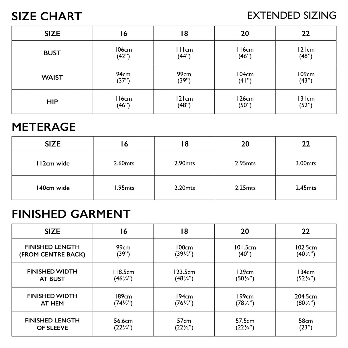 Bella Dress Extended Size Chart