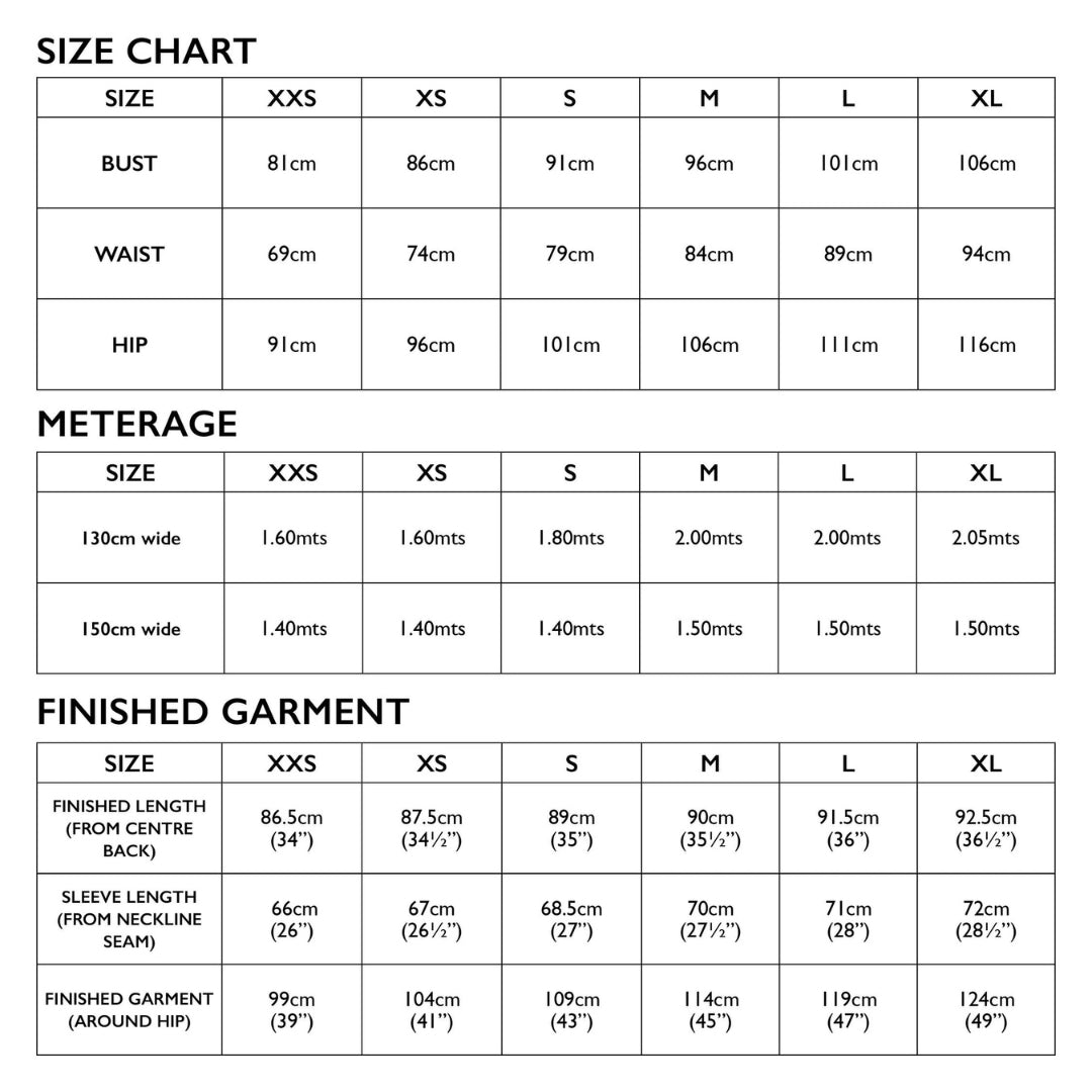 Berlin Jacket Pattern Tessuti Size Chart