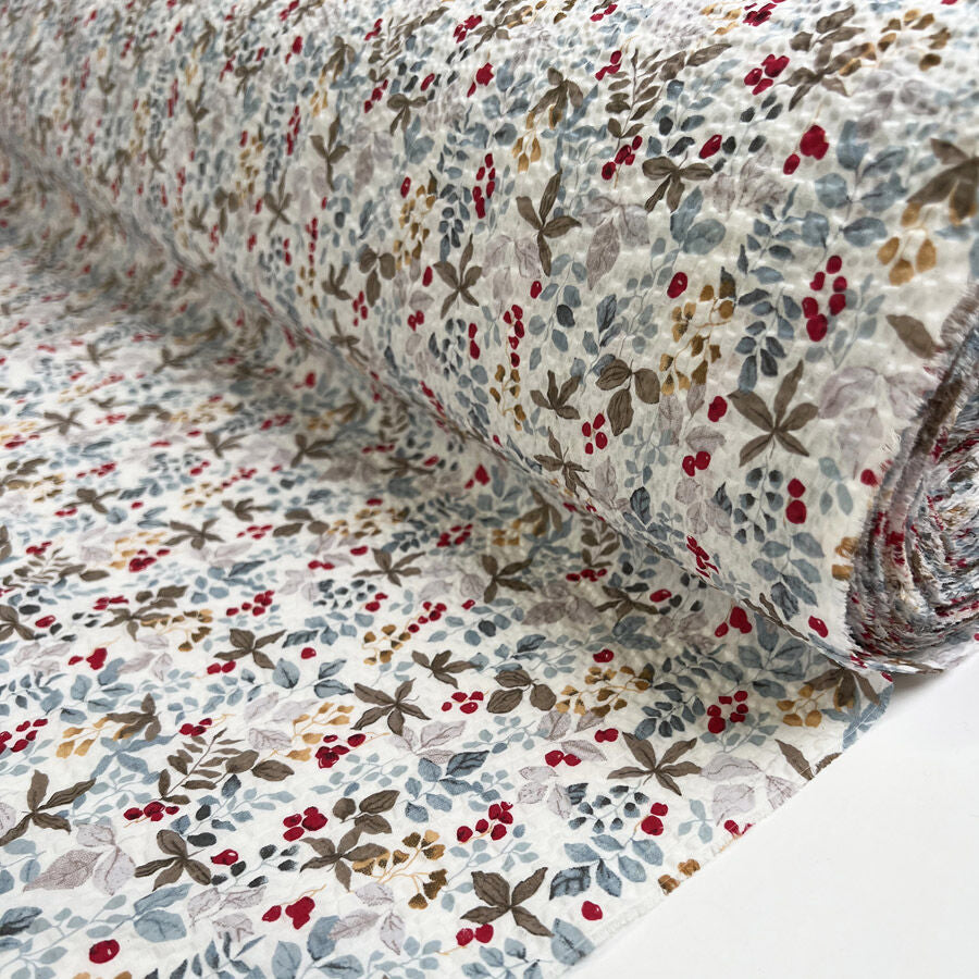 Berry Bloom Seersucker Cotton Floral White Dress Fabric Roll