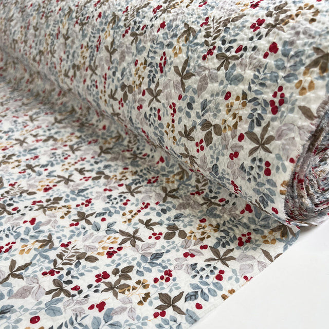 Berry Bloom Seersucker Cotton Floral White Dress Fabric Roll