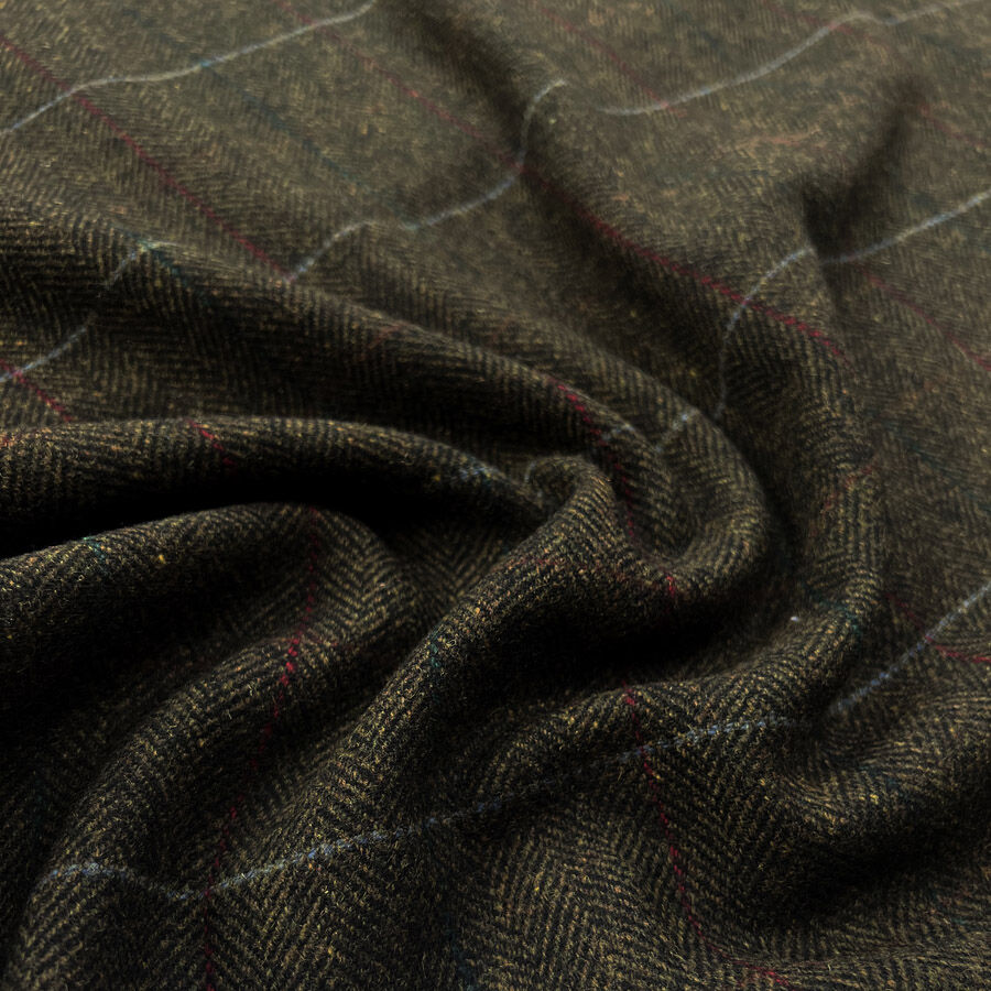 Big Boned Herringbone Check Green Red British Finest Wool Tweed Jacketing Fabric