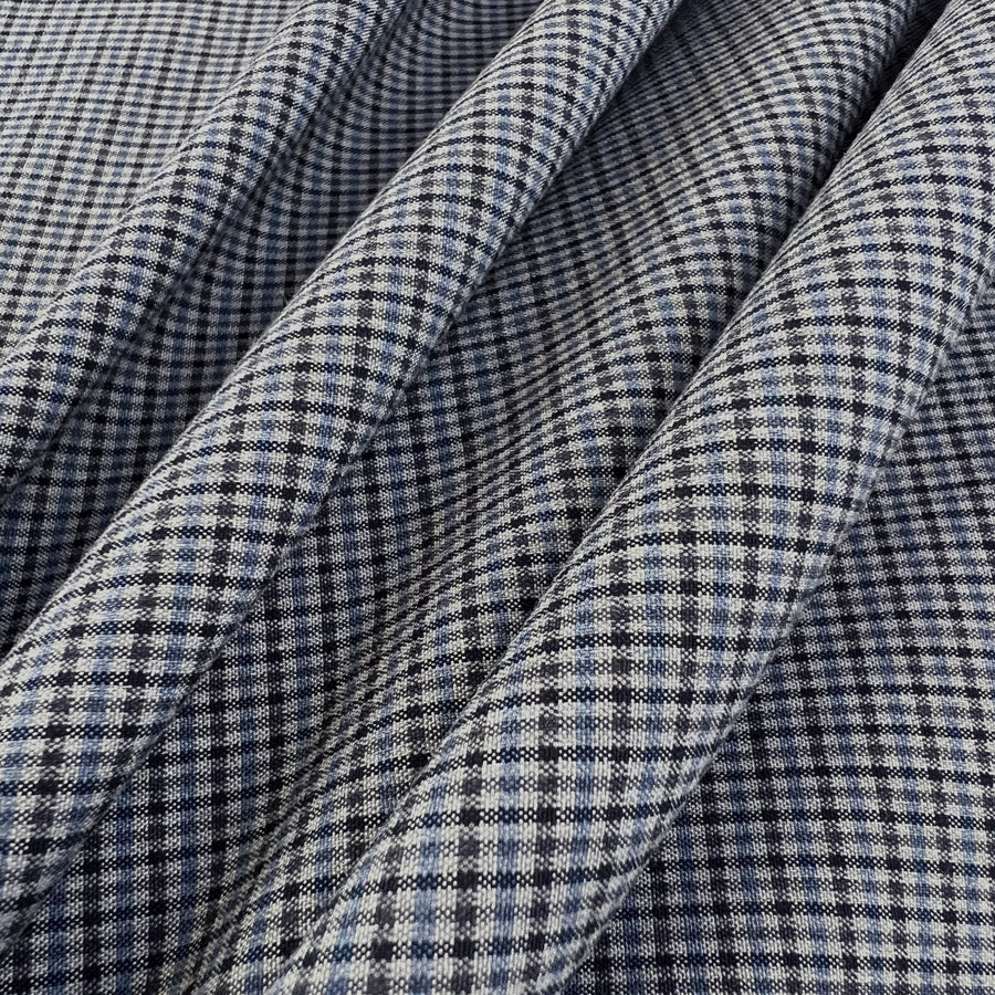 Blue Check Fine Japanese Cotton Trousering Fabric Small County