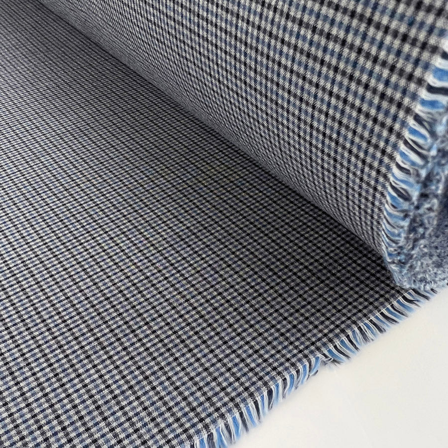 Blue Check Fine Japanese Cotton Trousering Fabric Small County Roll