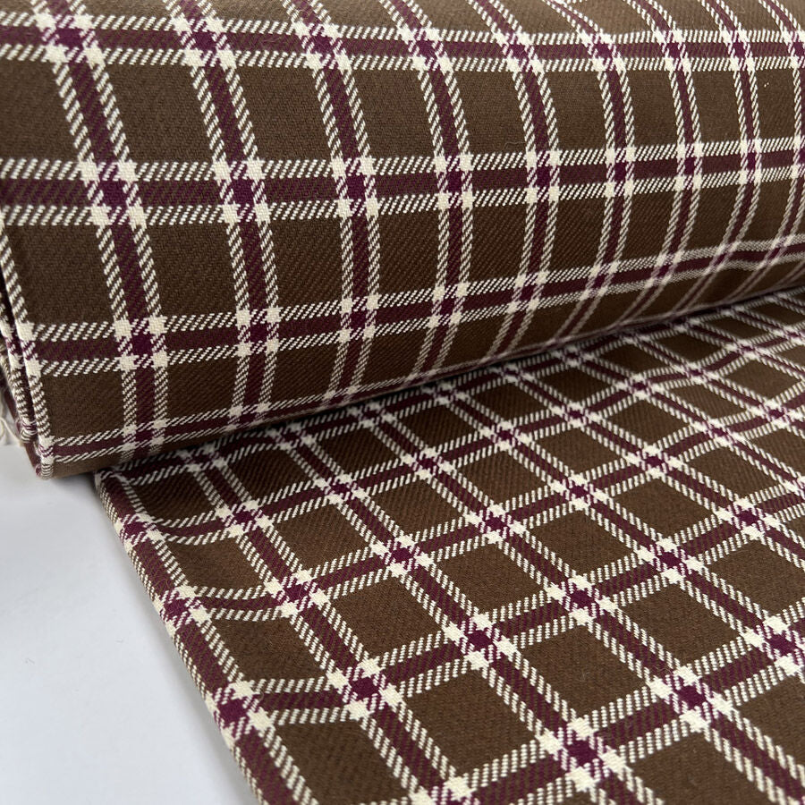 British Wool Fudge Check Polyester Brown White Wine Coating Fabric Bolt