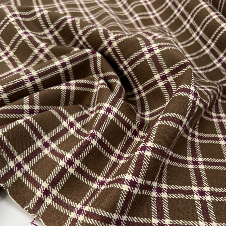 British Wool Fudge Check Polyester Brown White Wine Coating Fabric