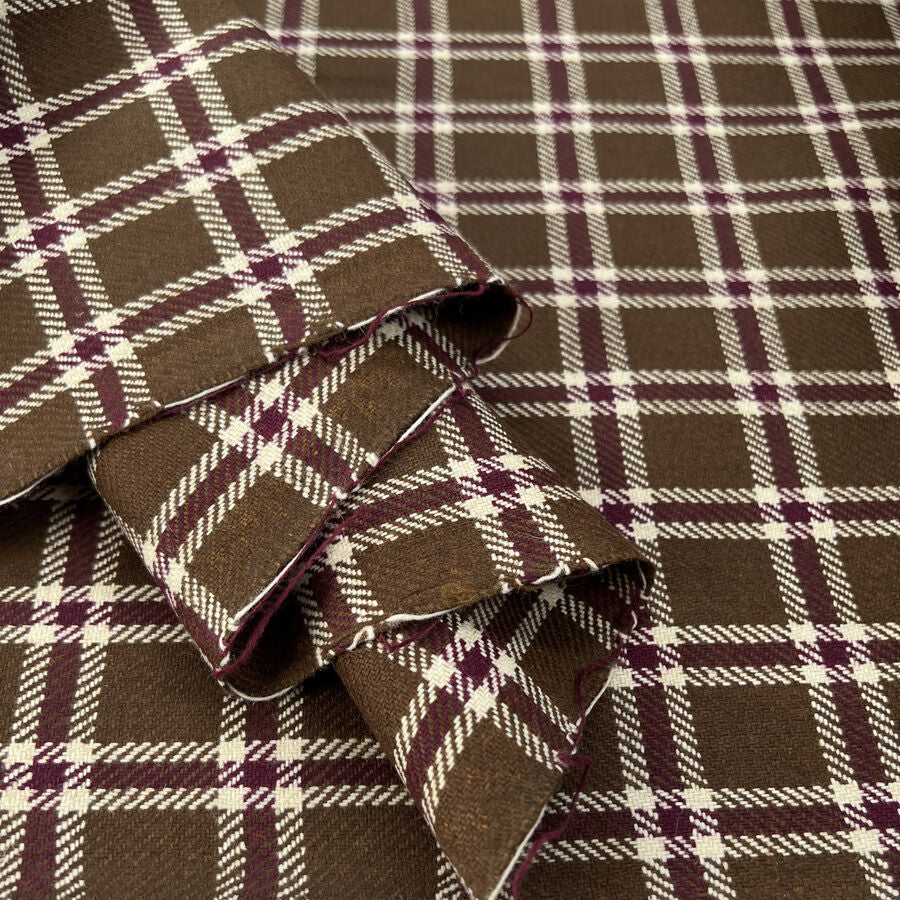 British Wool Fudge Check Polyester Brown White Wine Coating Fabric Fold