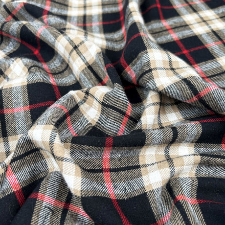 Brushed cosy dennis check stone black white cotton flannel fabric cu