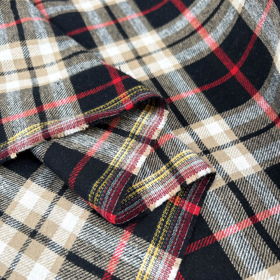 Brushed cosy dennis check stone black white cotton flannel fabric fold