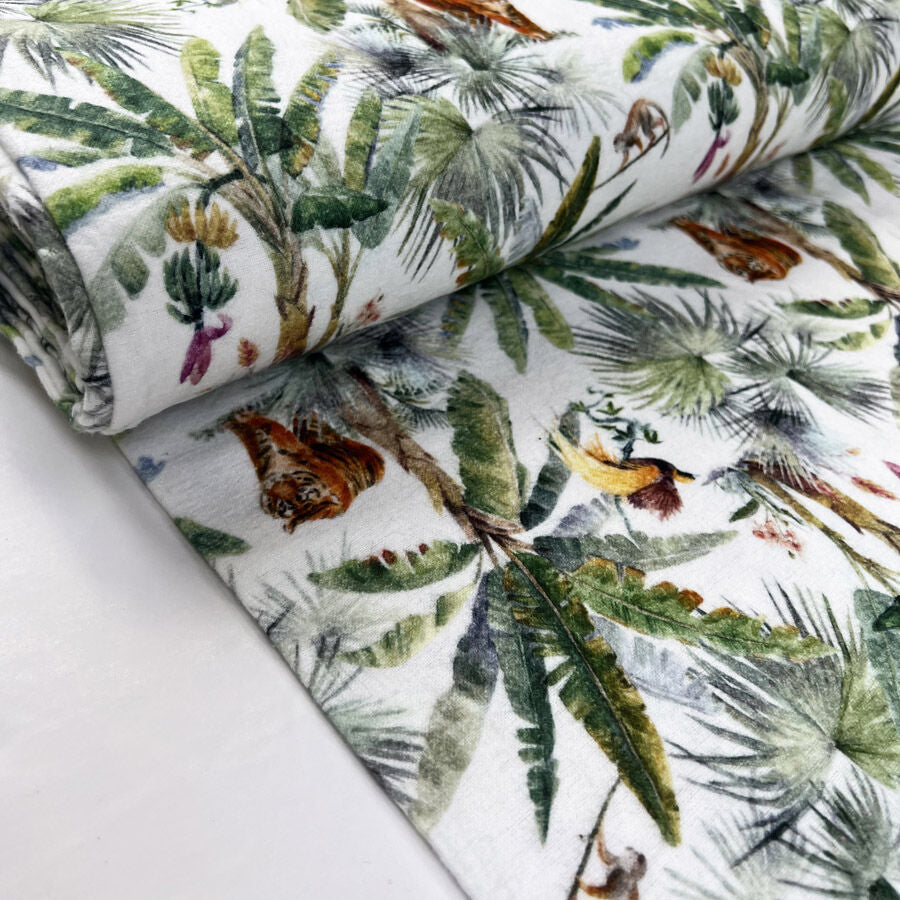 Brushed Cotton Exotic Escape White Green Winceyette Digital Print Flannel Fabric Bolt