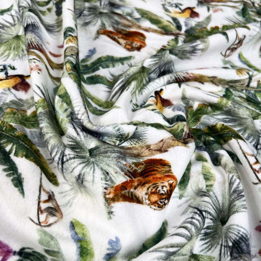 Brushed Cotton Exotic Escape White Green Winceyette Digital Print Flannel Fabric