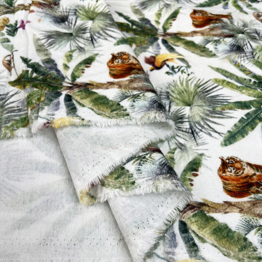 Brushed Cotton Exotic Escape White Green Winceyette Digital Print Flannel Fabric Fold