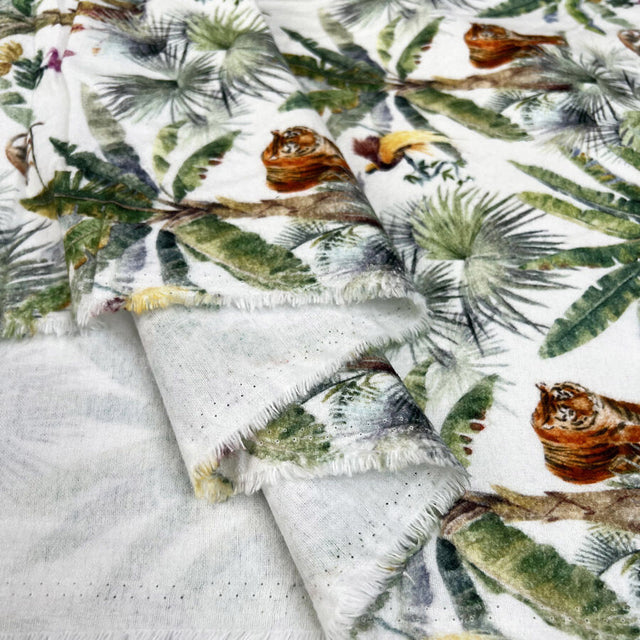 Brushed Cotton Exotic Escape White Green Winceyette Digital Print Flannel Fabric Fold