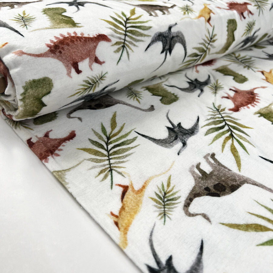 Brushed Cotton Fossil Friends White Winceyette Digital Print Flannel Fabric Bolt