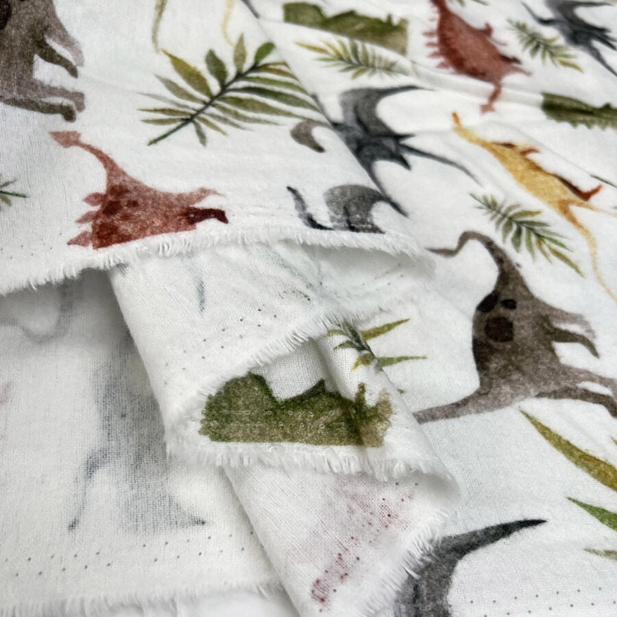 Brushed Cotton Fossil Friends White Winceyette Digital Print Flannel Fabric Fold