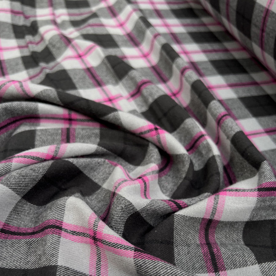 Brushed cotton pink grey check cosy shirting fabric cu