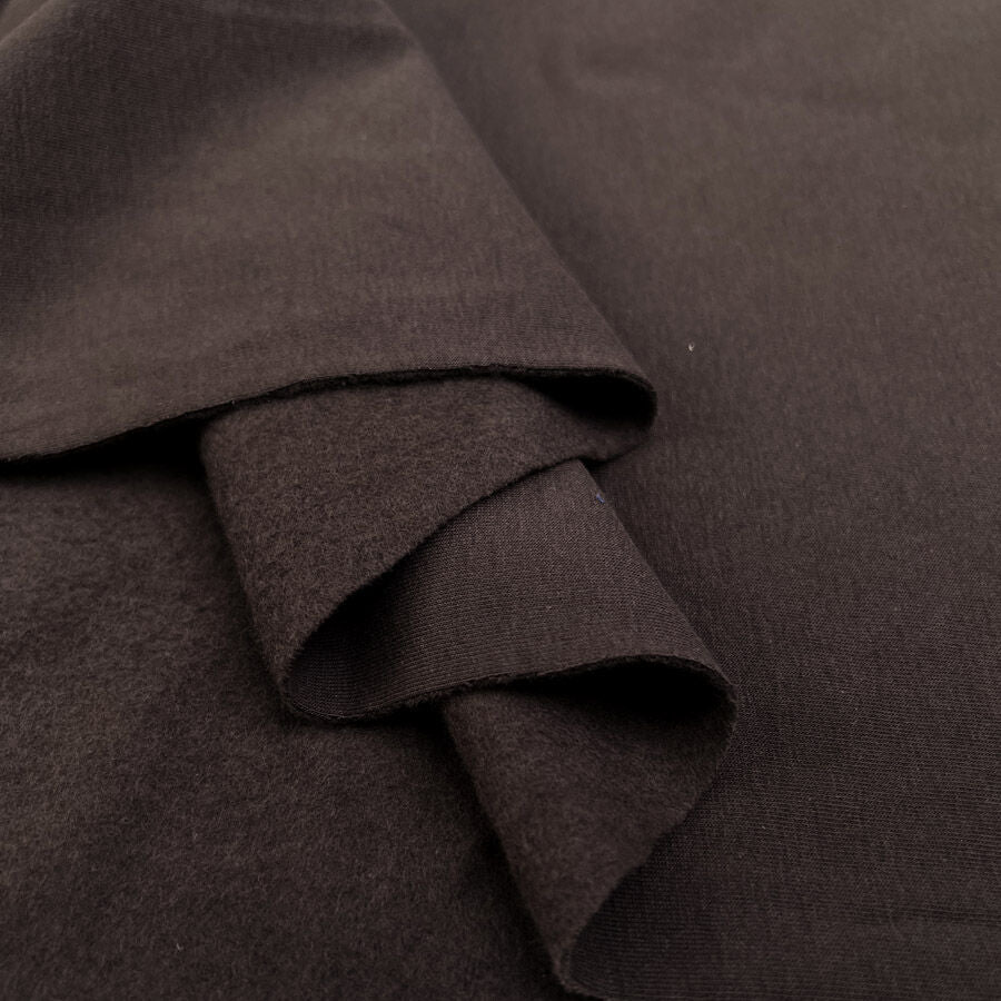 Brushed French Terry Dark Brown Cotton Elastane Stretch Knit Jersey Fabric Fold
