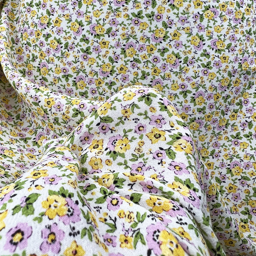 Buttercup Bliss Yellow White Floral Viscose Dressmaking Fabric