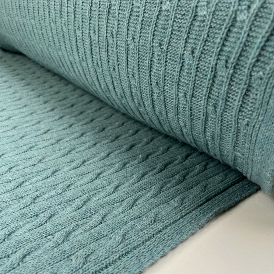 Cable Car Chunky Wool Aqua Blue Knitted Italian Lambswool Jumper Fabric Roll
