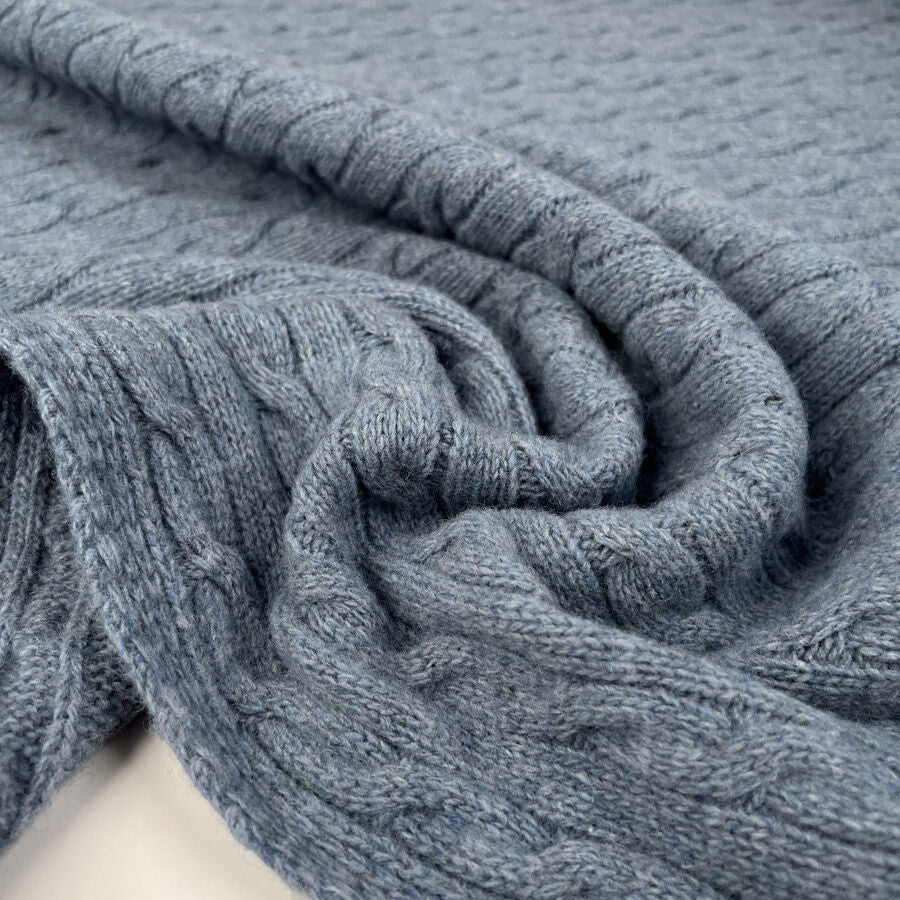 Cable Car Chunky Wool Blue Knitted Italian Lambswool Jumper Fabric