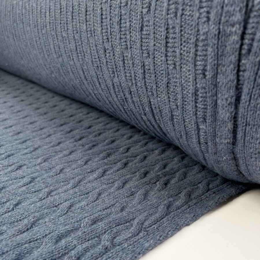 Cable Car Chunky Wool Blue Knitted Italian Lambswool Jumper Fabric Roll