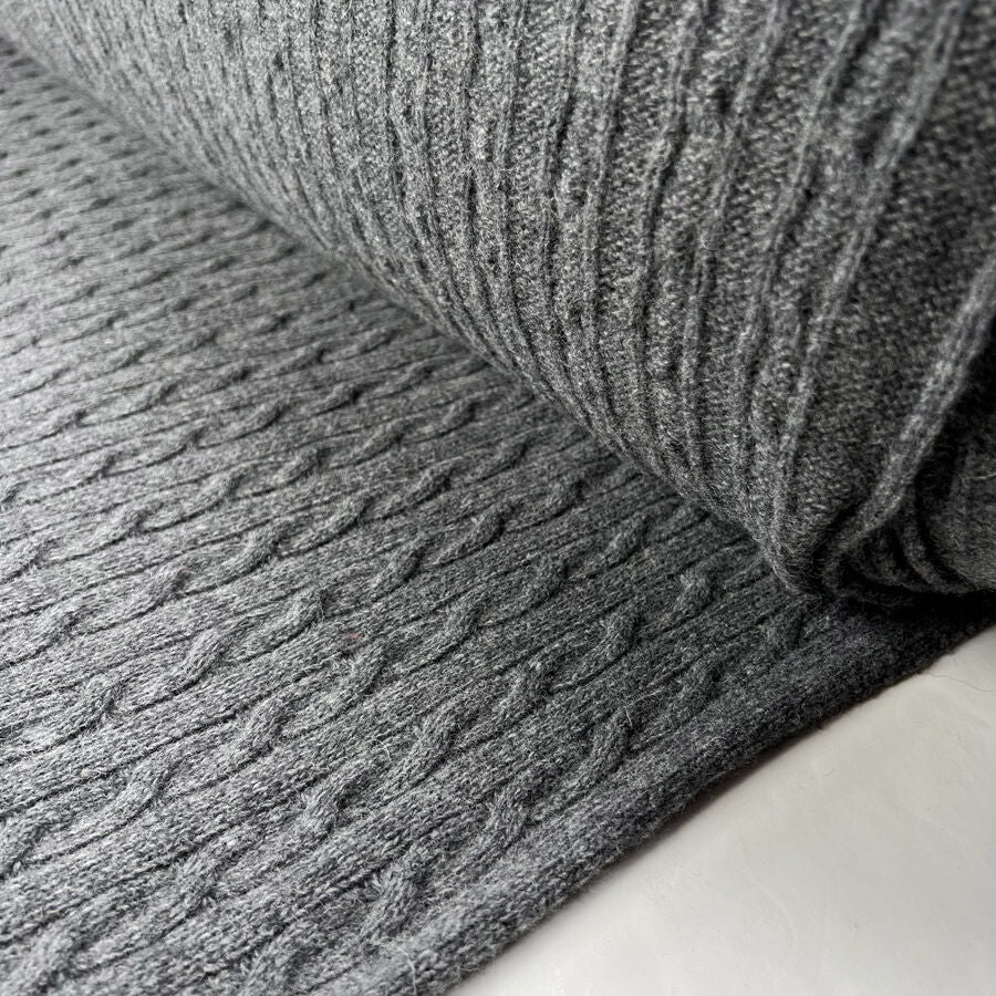 Cable Car Chunky Wool Charcoal Grey Knitted Italian Lambswool Jumper Fabric Roll