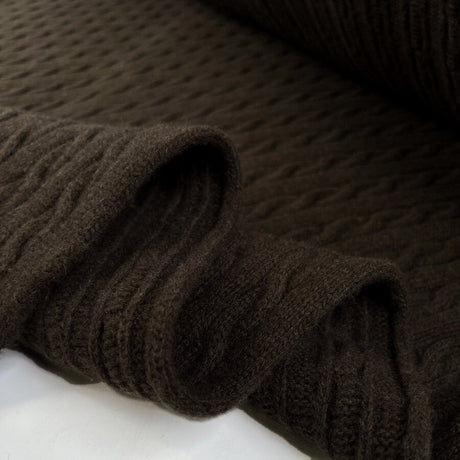 Cable Car Chunky Wool Dark Brown Italian Knittted Lambswool Jumper Fabric Fold