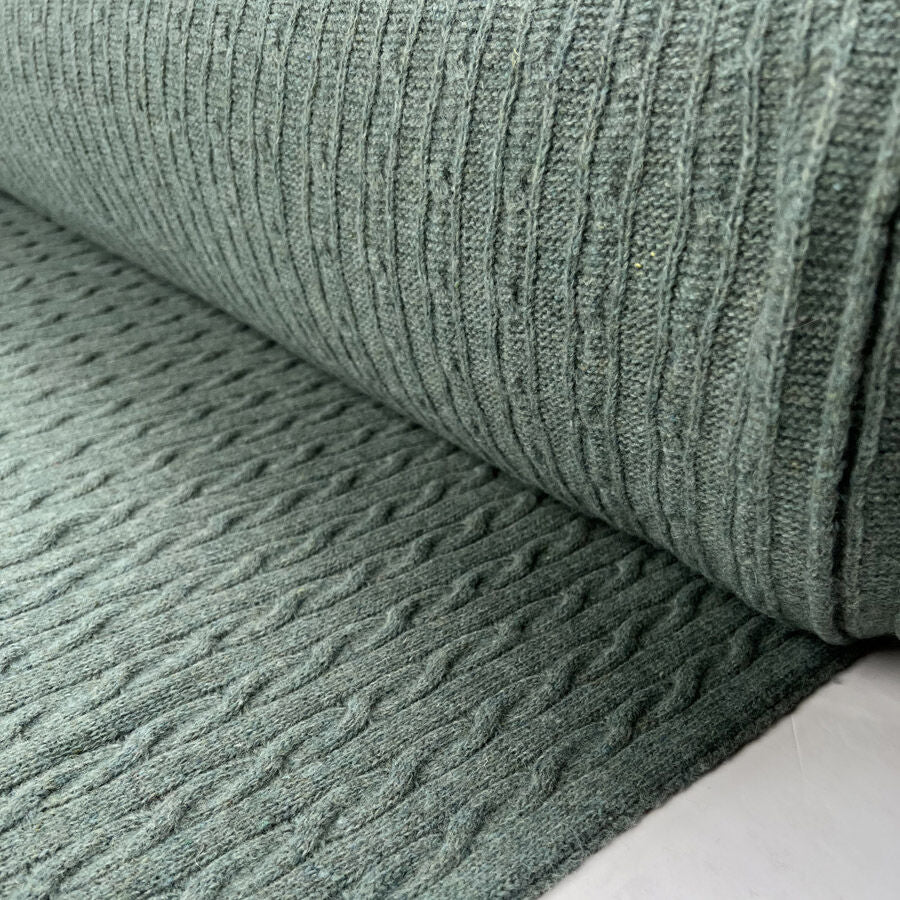 Cable Car Chunky Wool Sea Green Knitted Italian Lambswool Jumper Fabric Roll
