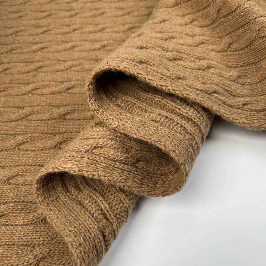 Cable Car Chunky Wool Tan Brown Knitted Italian Lambswool Jumper Fabric Fold