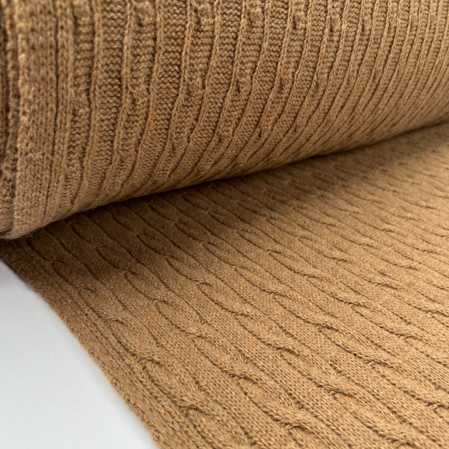 Cable Car Chunky Wool Tan Brown Knitted Italian Lambswool Jumper Fabric Roll