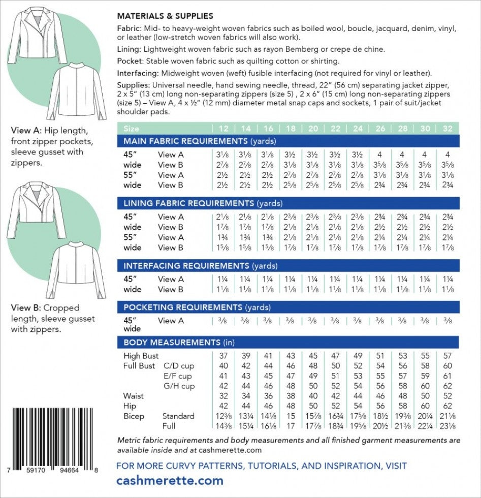 Cashmerette Canton Moto Jacket Sewing Pattern 12 32 Back Cover
