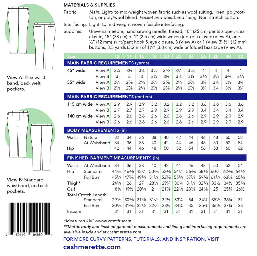 Cashmerette Meriam Trousers Sizes 12 30 Back Cover