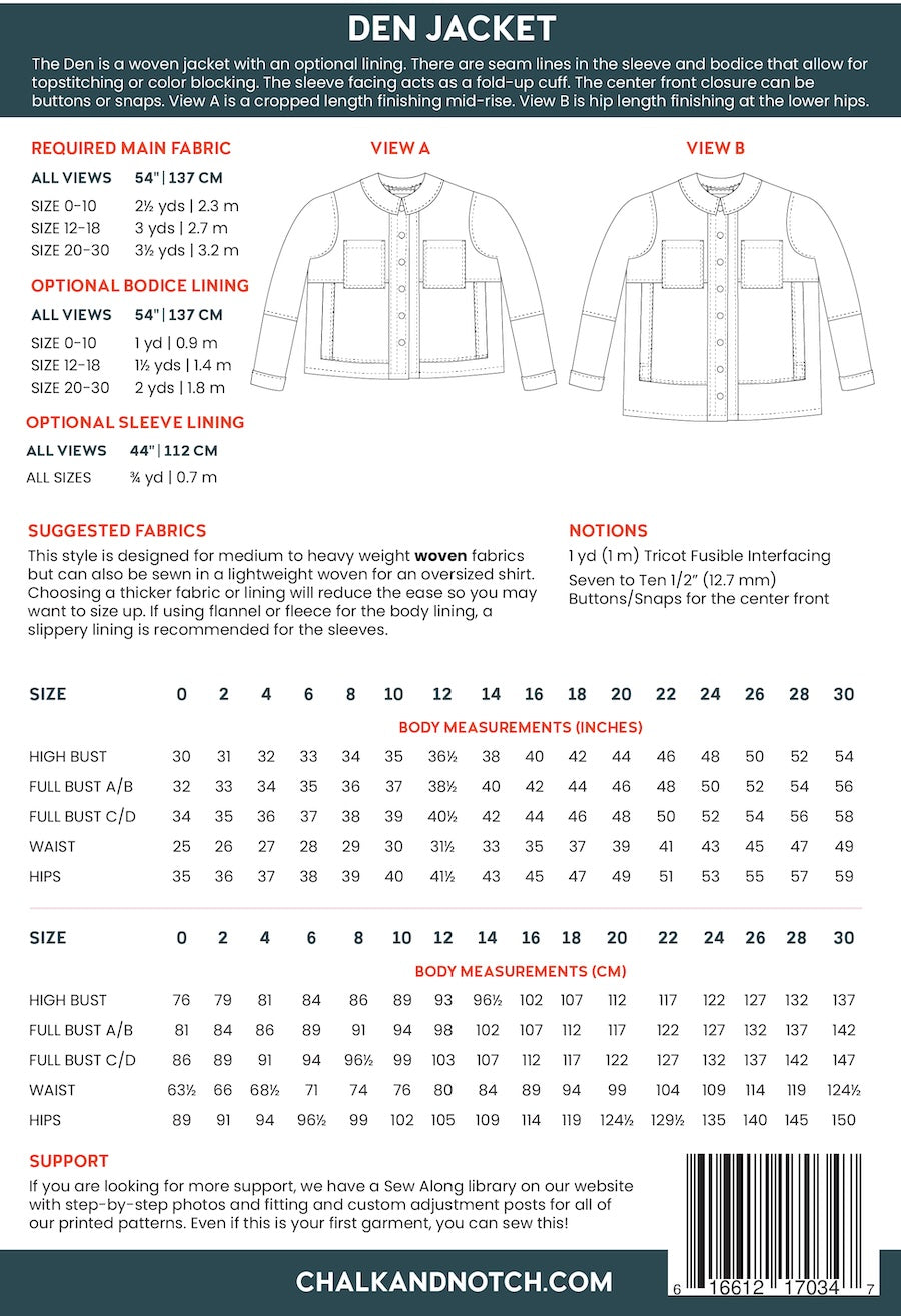 Chalk And Notch Den Jacket Pattern Back