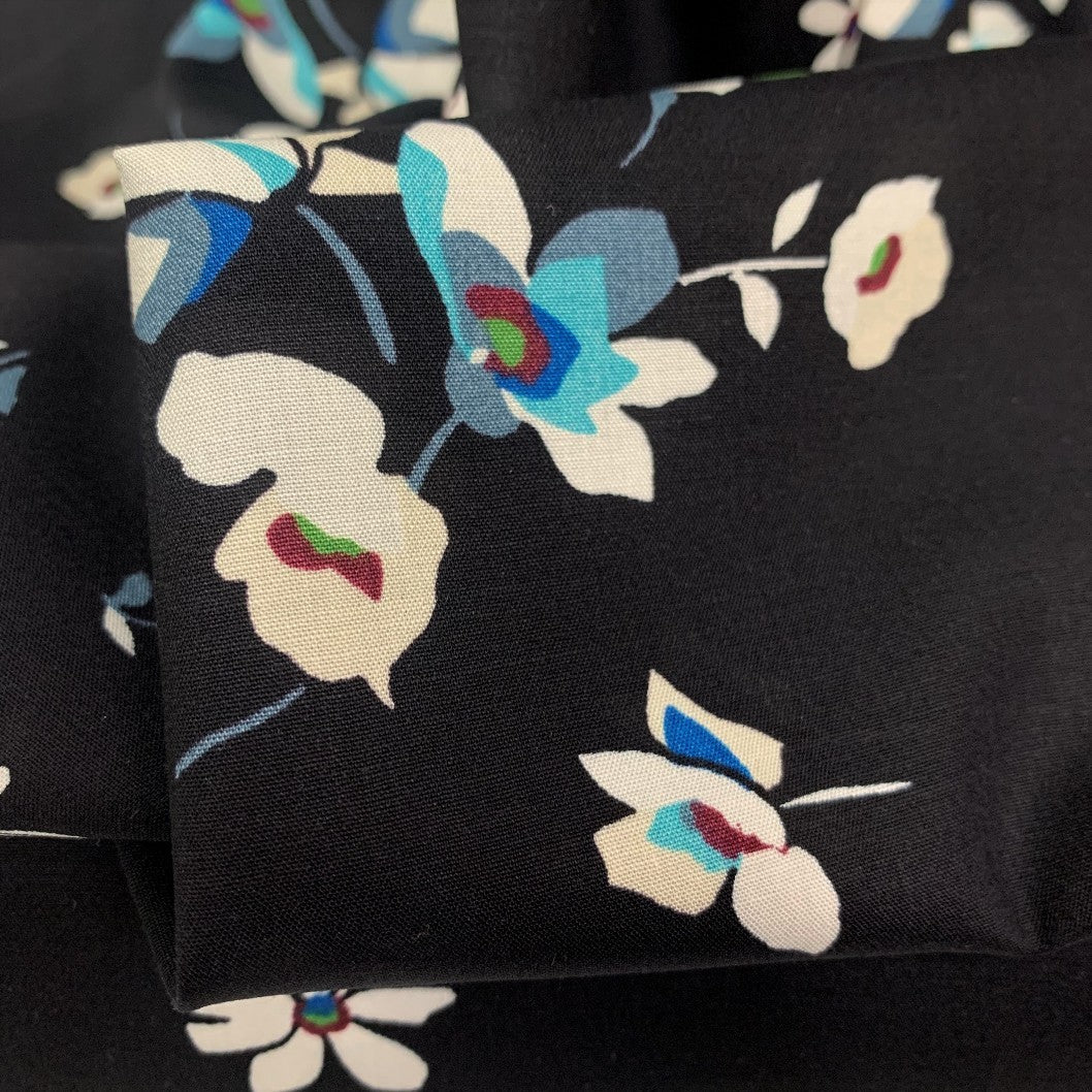 Challis Black Floral Viscose Challis Dress Blouse Fabric Close Up Fabric Photo