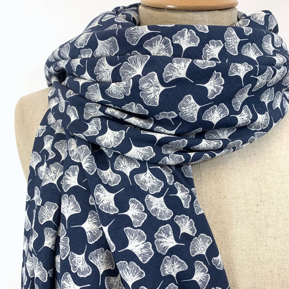 Challis Midnight Fall Soft Viscose Dress Fabric Navy White Leaf Close Up