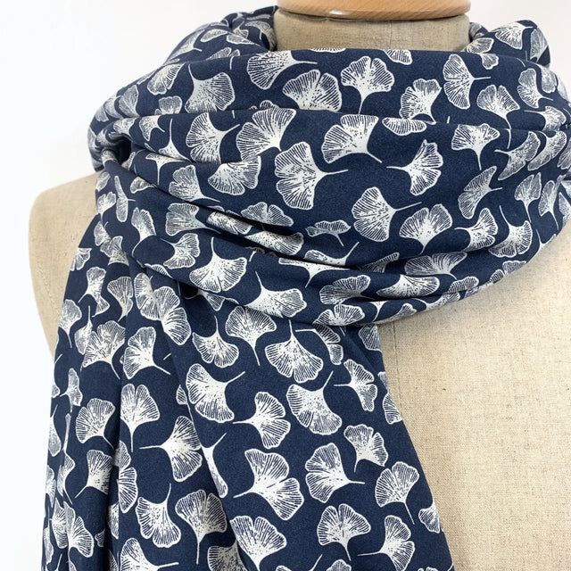 Challis Midnight Fall Soft Viscose Dress Fabric Navy White Leaf Close Up