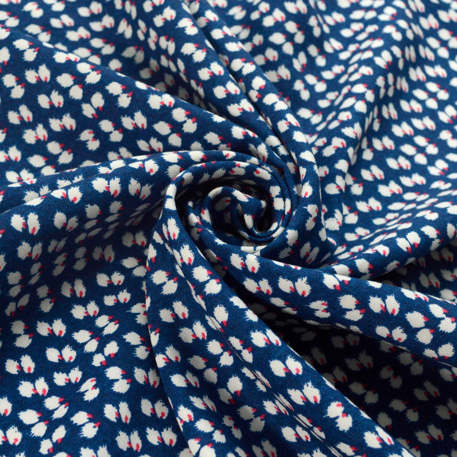 Challis Navy Leaf Viscose Challis Lightweight Dress Fabric Close Up Drape Fabric Photo