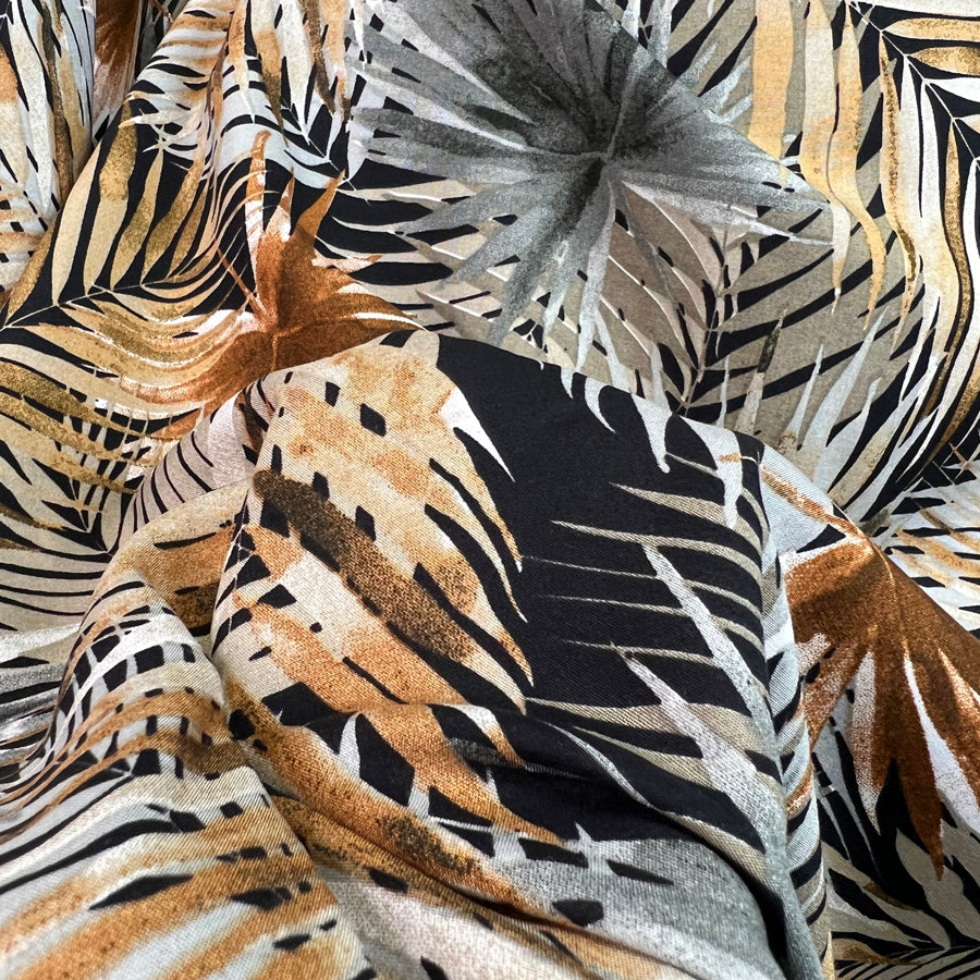 Challis Olive Nova Anada Viscose Leaf Print Black Brown Dress Fabric