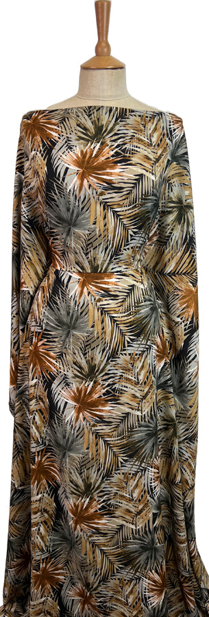Challis Olive Nova Anada Viscose Leaf Print Black Brown Dress Fabric Mannequin