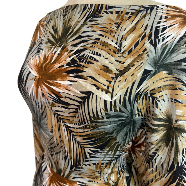 Challis Olive Nova Anada Viscose Leaf Print Black Brown Dress Fabric Side