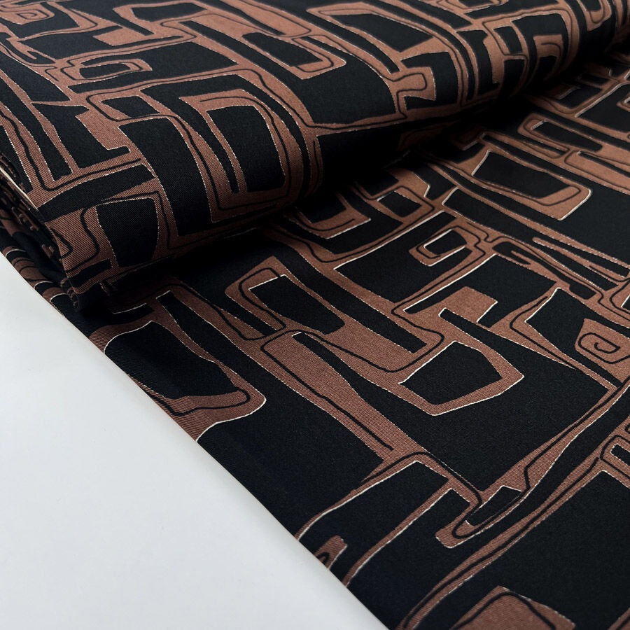 Chestnut Satin Black Brown Geometric Abstract Polyester Dress Fabric Bolt