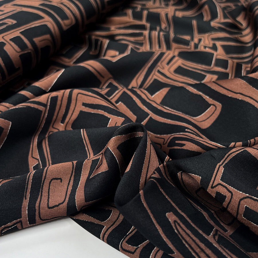 Chestnut Satin Black Brown Geometric Abstract Polyester Dress Fabric
