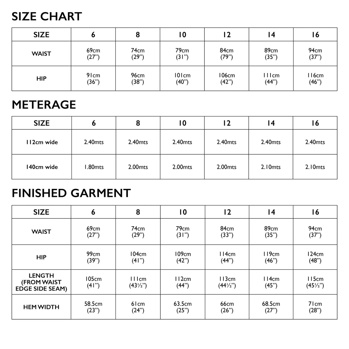 Chiara Pant Size Chart