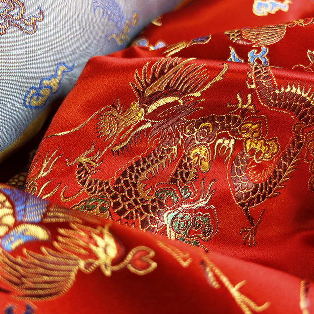 Chinese Jacquard Fabric Red Polyester Qipao Flaming Dragon