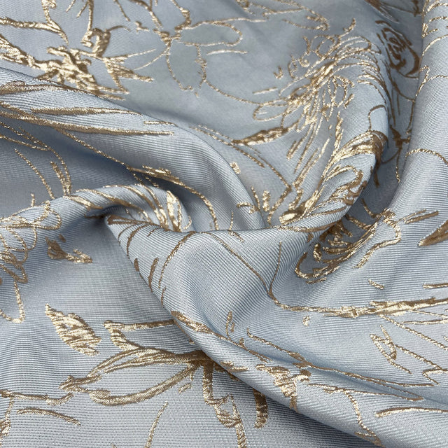 Chloe Pale Blue Rose Gold Polyester Metallic Lurex Jacquard Brocade Floral Woven Dress Fabric